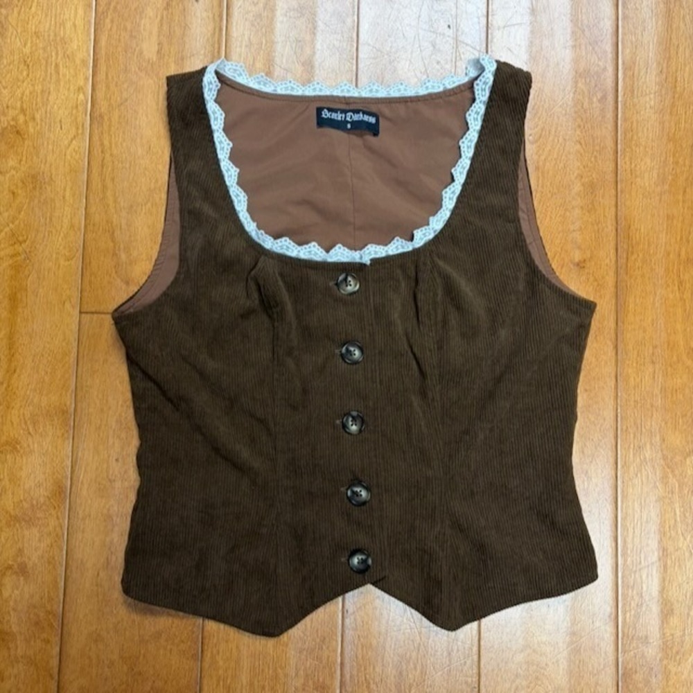 Scarlet Darkness Womens Vest Size S Whimsigoth Coquette Brown Corduroy Lace Trim